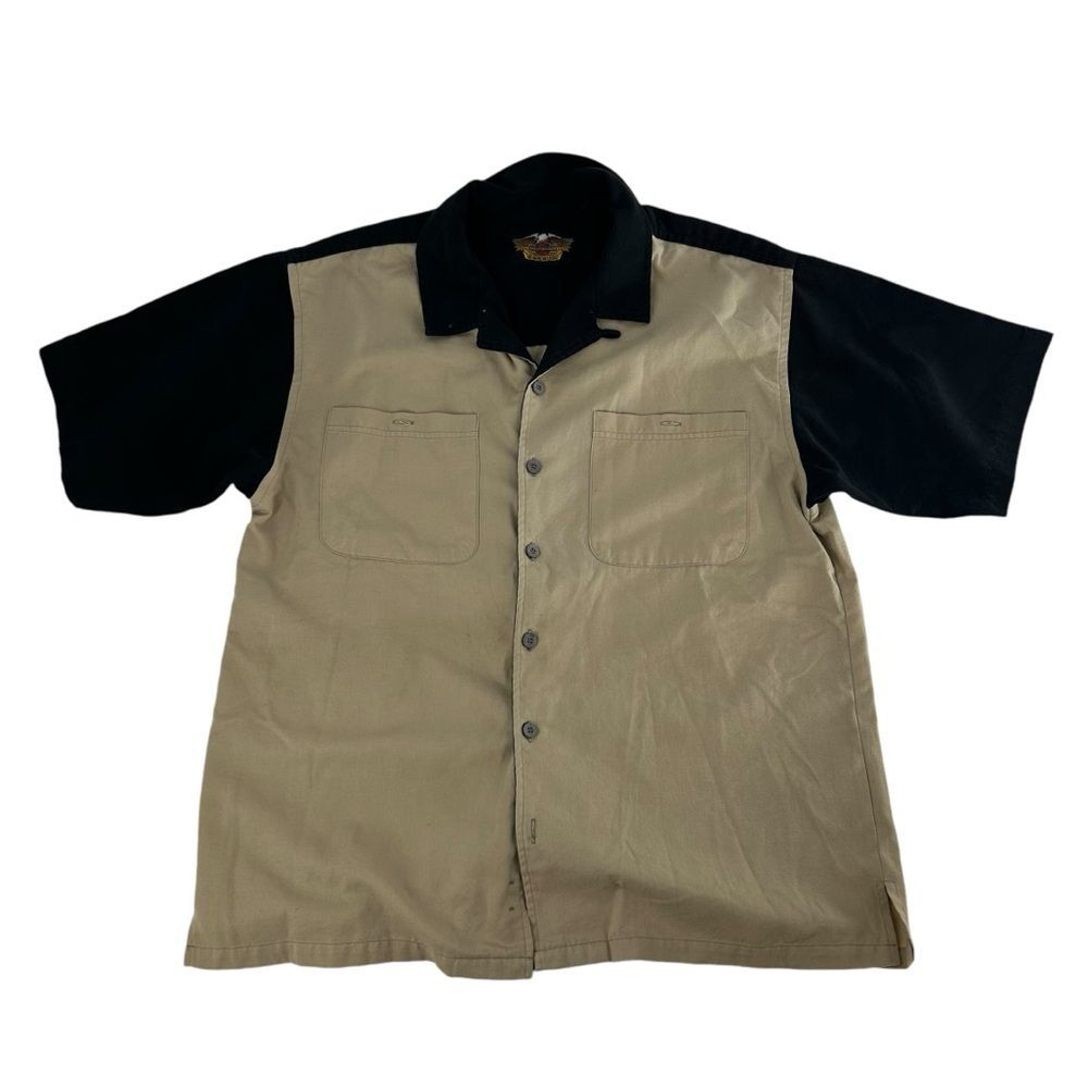 Vintage Harley Davidson Shirt Men Large Tan Black Work Embroidered Button Up 90s